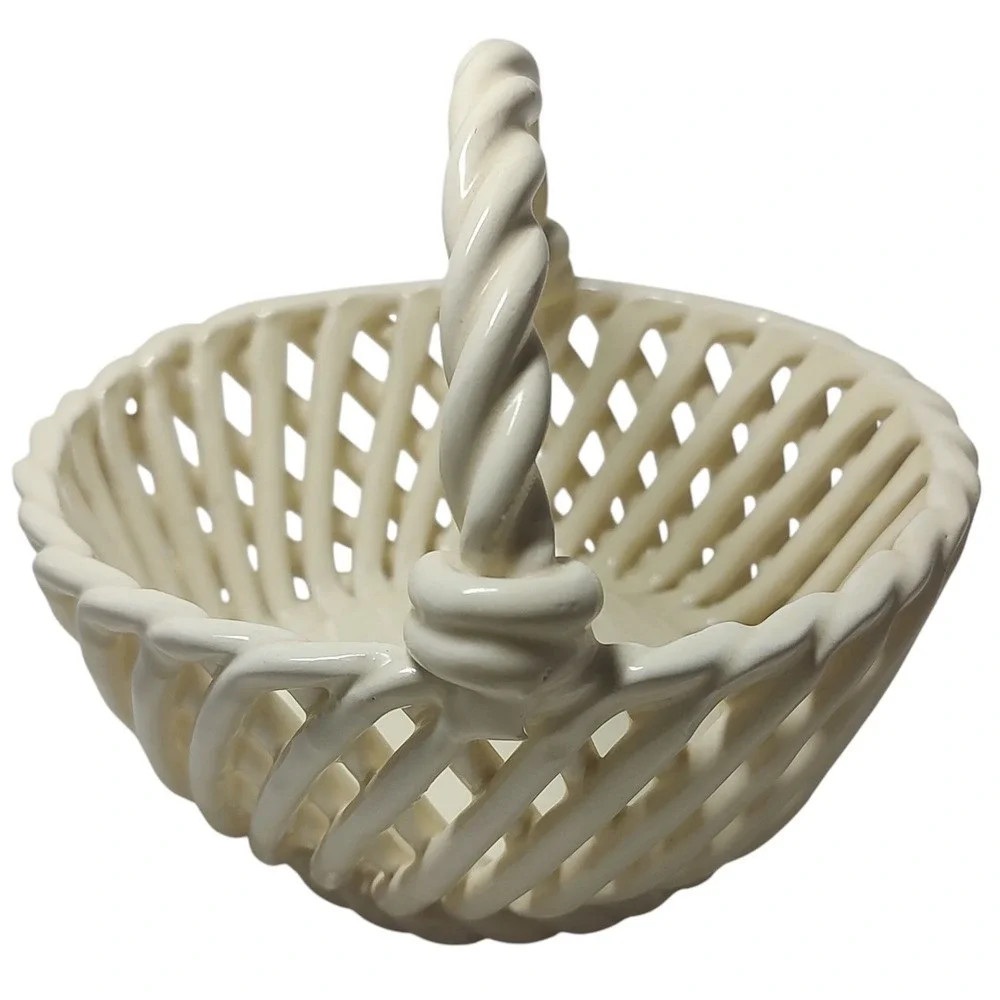 Vintage Woven Glass Basket Weave Twisted Handle Cream Springtime Five Inches SEE